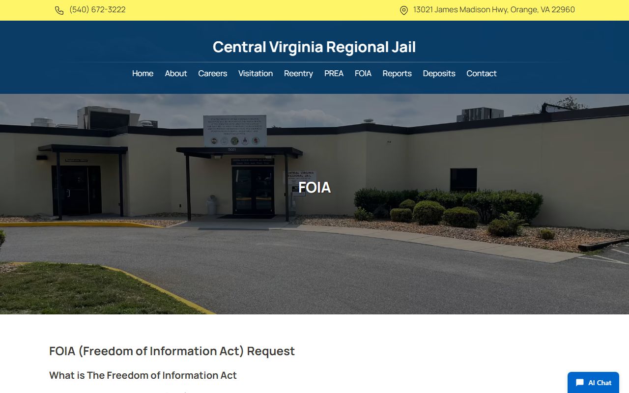 Central Virginia Regional Jail FOIA page for Fluvanna County jail records