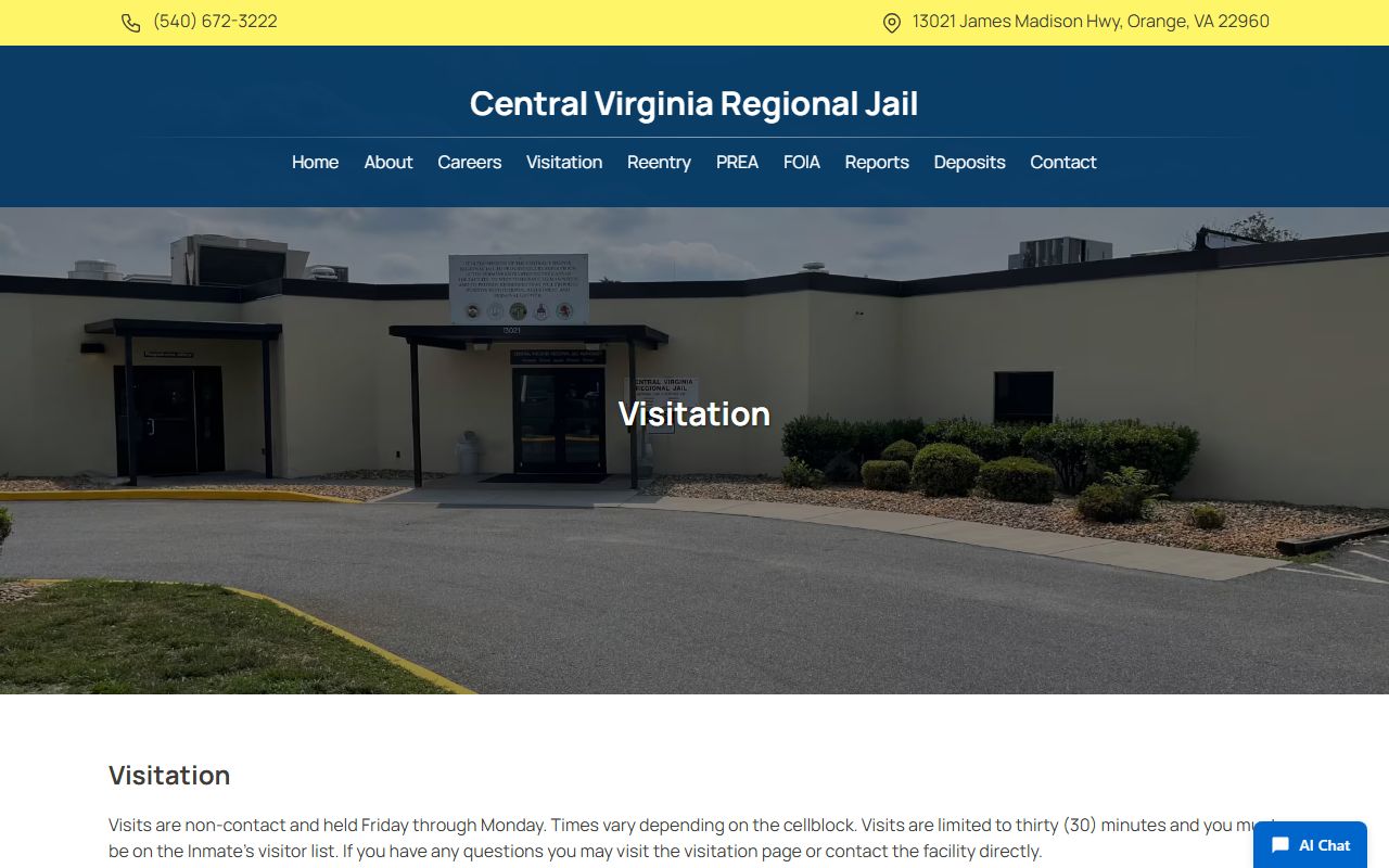 Central Virginia Regional Jail visitation schedule for Fluvanna County inmate visits