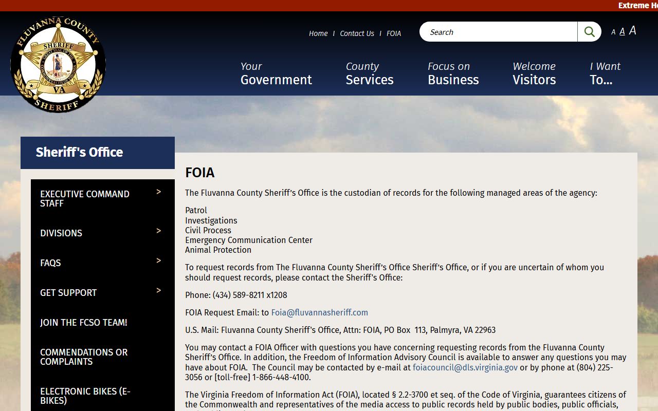 Fluvanna County inmate records Sheriff FOIA request page